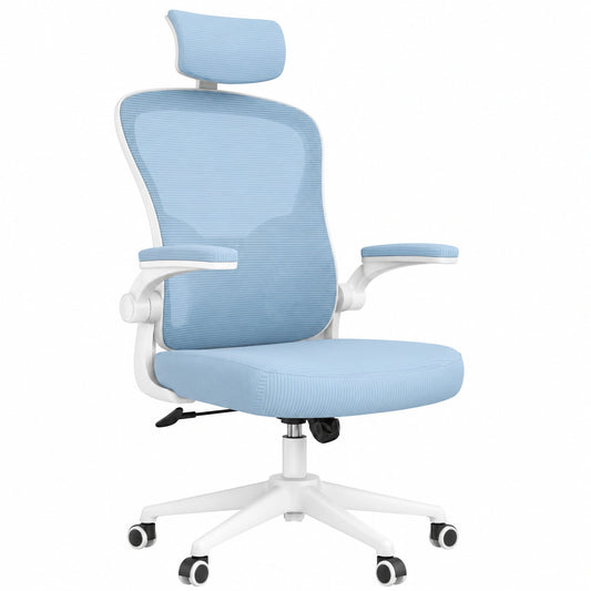 Ergonomischer Bürostuhl mit Kopfstütze, Armlehnen und Lendenstütze, Hhenverstellbarer Drehstuhl in Blau