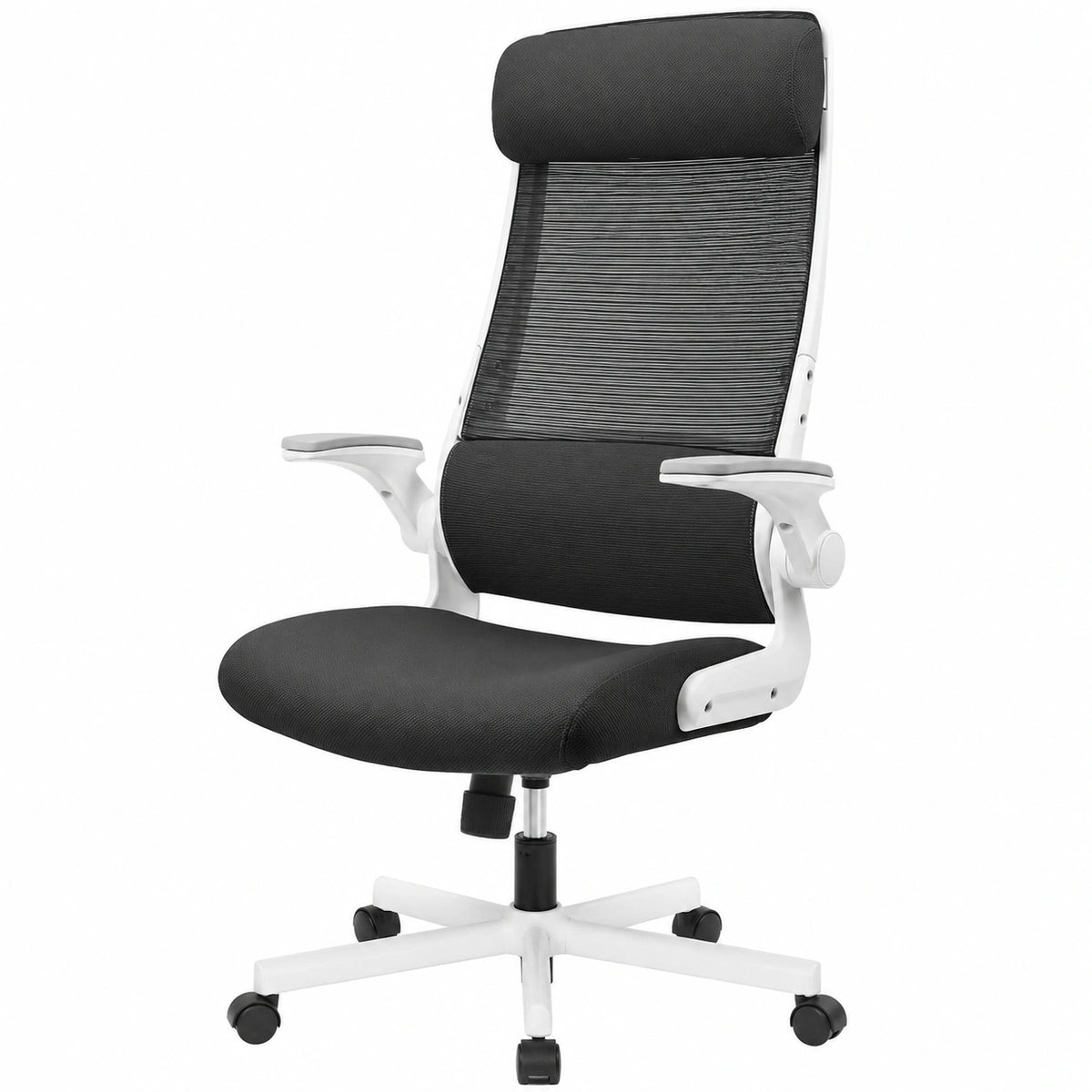 Ergonomischer Bürostuhl mit Netz, klappbare Armlehnen und verstellbarer Kopfstütze, Lendenwirbelstütze, EN 1335 Zertifiziert - Schwarz