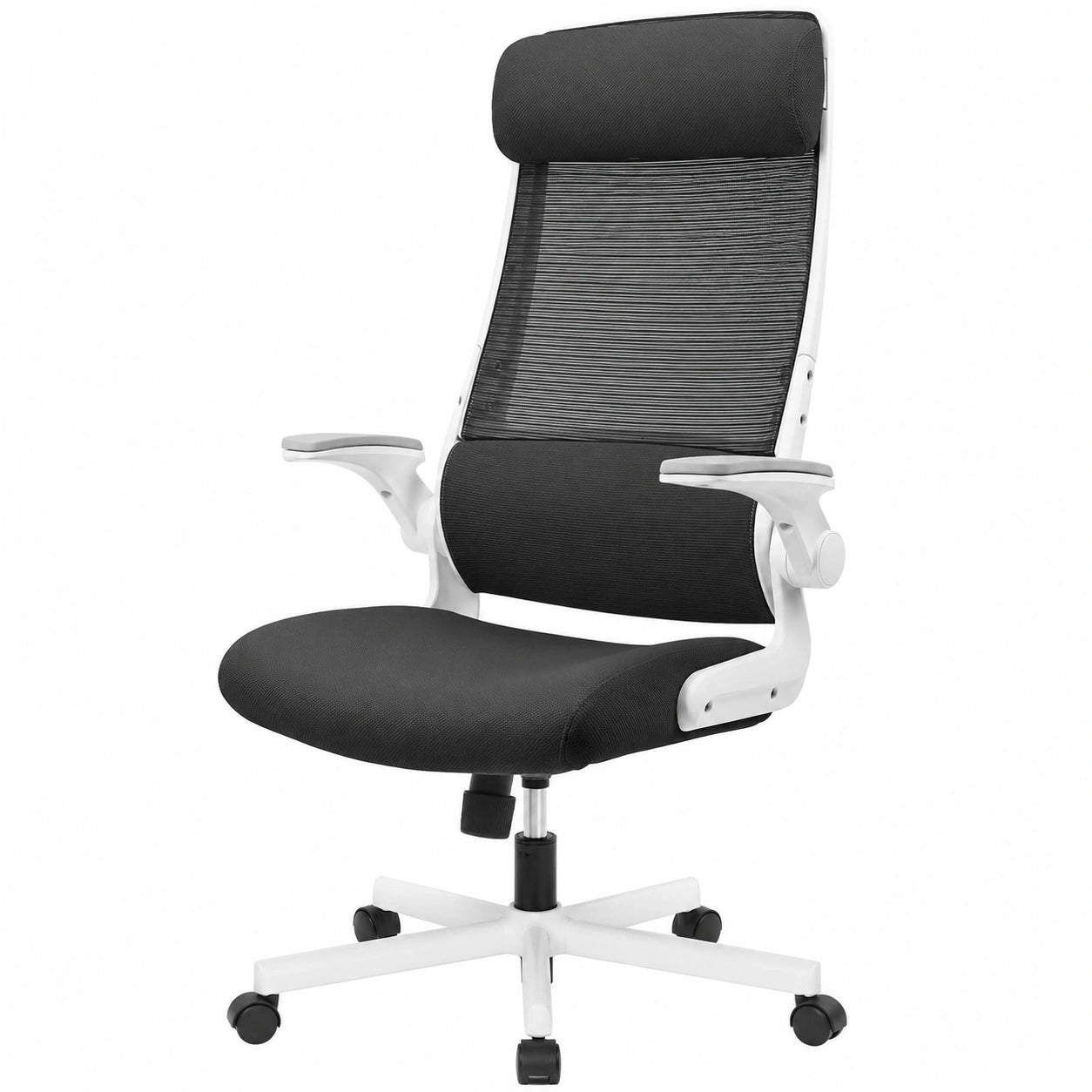 Ergonomischer Bürostuhl mit Netz, klappbare Armlehnen und verstellbarer Kopfstütze, Lendenwirbelstütze, EN 1335 Zertifiziert - Schwarz