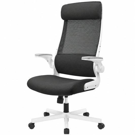 Ergonomischer Bürostuhl mit Netz, klappbare Armlehnen und verstellbarer Kopfstütze, Lendenwirbelstütze, EN 1335 Zertifiziert - Schwarz