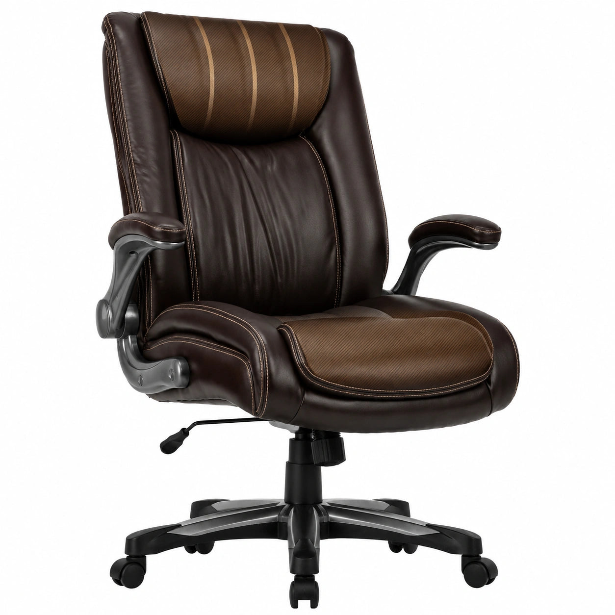 Ergonomischer XL-Ledersessel für Büros, Belastbar bis 181kg, mit Klappbare Armlehnen, Hhenverstellbar, Braun