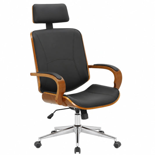 Ergonomischer Bürostuhl Dayton aus Kunstleder, verstellbar bis 150 kg, mit Wippmechanik und Kopfstütze, Farbe: Walnuss/Schwarz