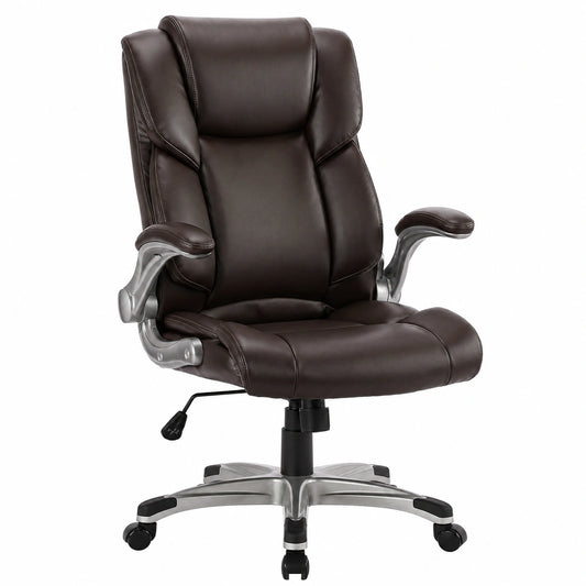 Ergonomischer COLAMY Bürostuhl mit Hoher Rückenlehne und Klapparmlehnen, Verstellbarer Chefsessel aus Leder in Braun