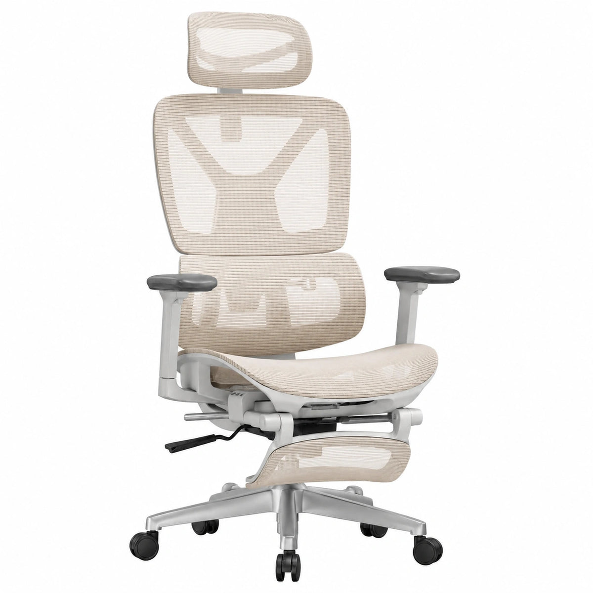 Ergonomischer Bürostuhl mit Fustütze, 3D-Arm- und Kopfstütze, Hhenverstellbar, Atmungsaktives Mesh, Beige