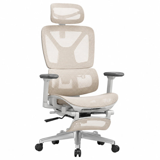 Ergonomischer Bürostuhl mit Fustütze, 3D-Arm- und Kopfstütze, Hhenverstellbar, Atmungsaktives Mesh, Beige