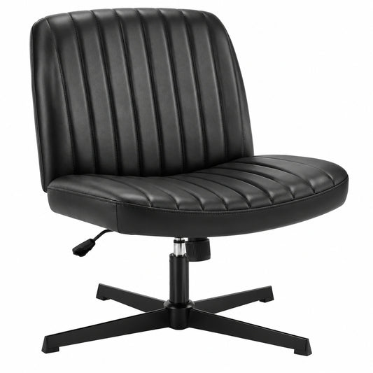 Komfortabler Drehstuhl ohne Armlehnen, Hhenverstellbarer Bürostuhl mit PU-Leder, 360¡ã drehbar, Breites Sitzpolster, Beige/Schwarz