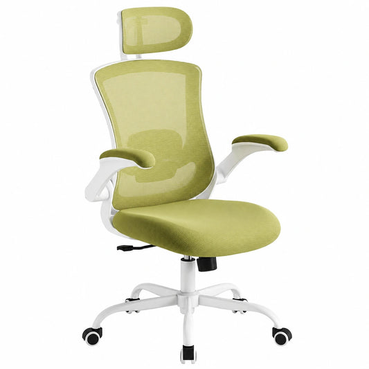 Ergonomischer Bürostuhl mit Kopfstütze und Lendenstütze, Klappbare Armlehnen, Belüftetes Netzdesign, Grün