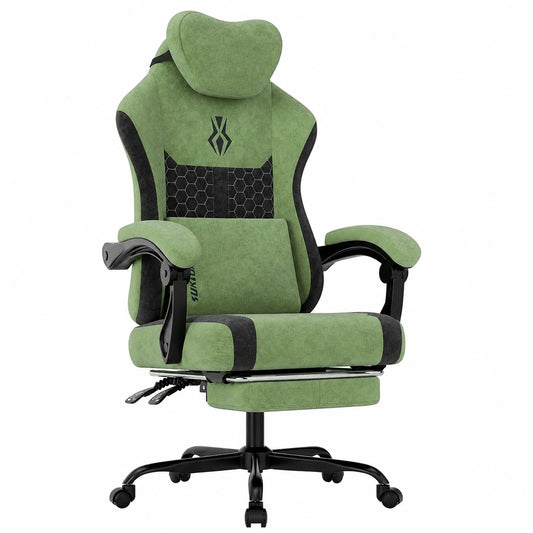 Ergonomischer Gaming-Stuhl mit Fustütze, Kopfstütze und Lendenkissen, Stoffbezug in Grün