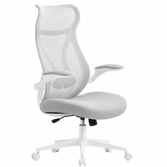 Ergonomischer Bürostuhl von SONGMICS, hhenverstellbar, klappbare Armlehnen, drehbar mit Kopfstütze, bis 150 kg, Taubengrau